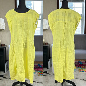 Sahara 100% Pure Linen Sleeveless Midi Dress Pintuck Beachy in Yellow Size M